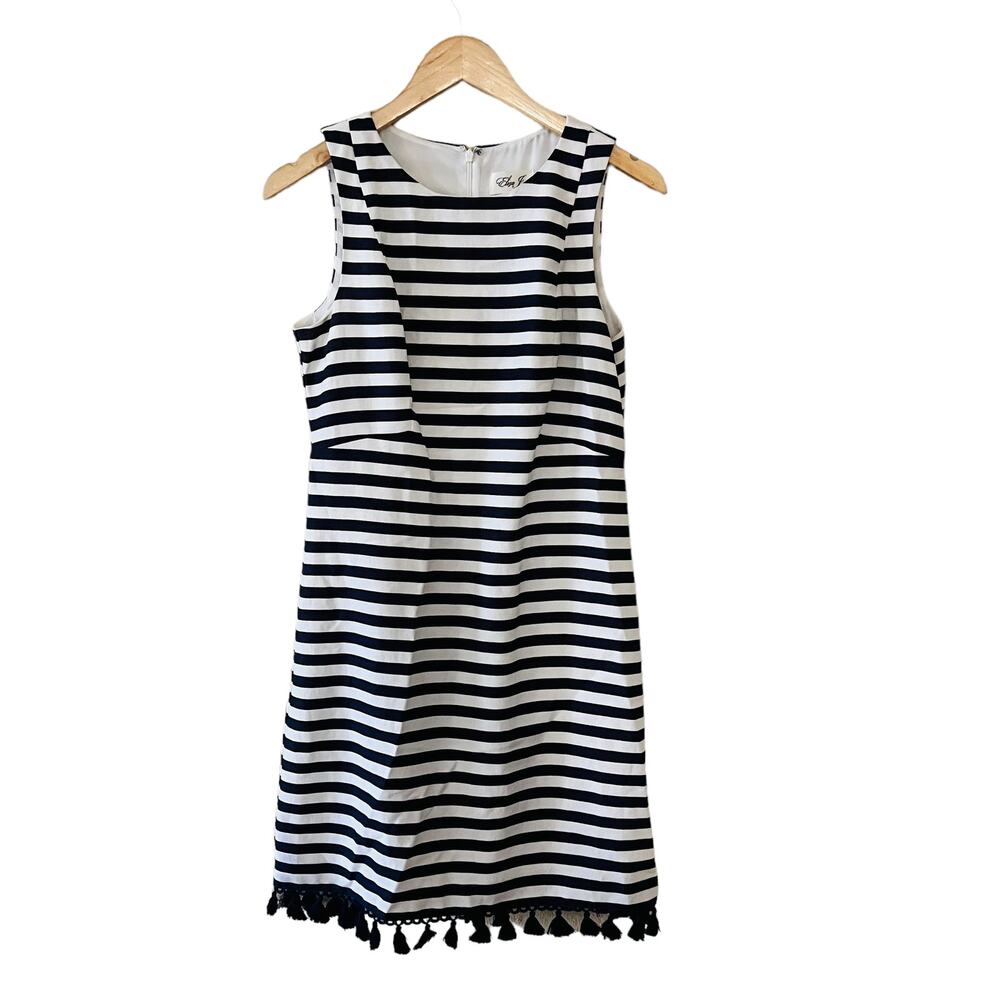 Eliza J Linen Blend Striped Tassel Hem Dress Size 6 NEW Blue White - Picture 7 of 10